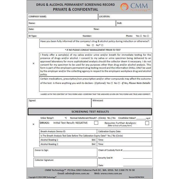 Drug and Alcohol Pre-Screening Form, pad of 50 (A5)